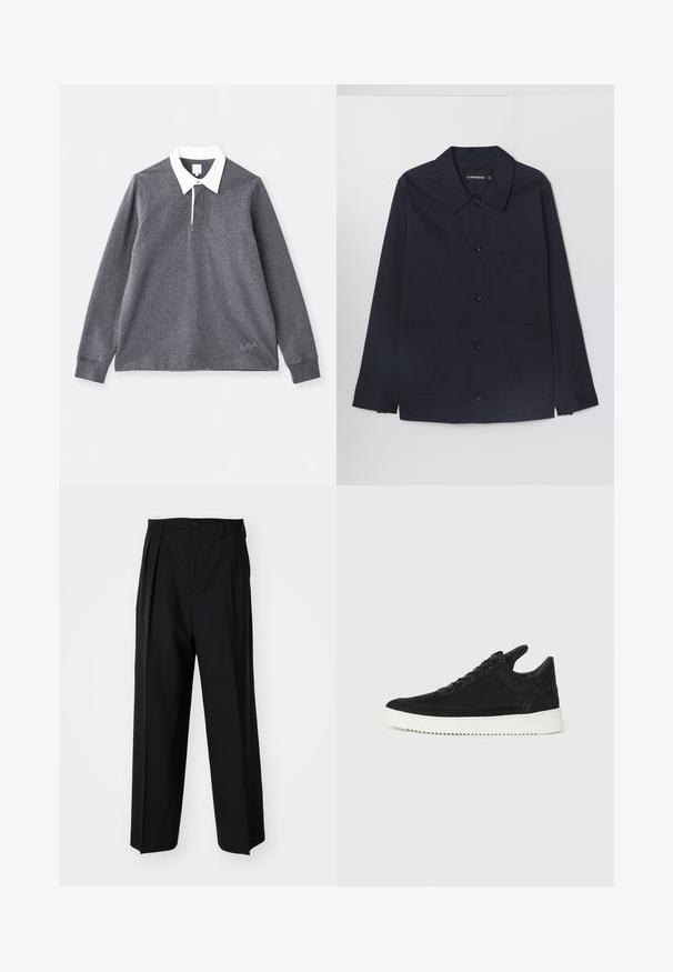 Marineblauwe katoenen jas met een spreidkraag, voor sluiting met knopen en twee voorste klepzakken. Voorzien van lange mouwen met knoopmanchetten.; Grijze polo met lange mouwen, gemaakt van een katoenmix met een witte kraag. Heeft een knoopsluiting en een geborduurd logo op de zoom.; Zwarte geplooide broeken met een rechte, brede pijpontwerp. Gemaakt van soepele stof, met een knoopsluiting en riemlussen.; Zwarte suède sneakers met een witte rubberen zool, voorzien van tonale stiksels en een vetersluiting. Glad oppervlak met een moderne, gestroomlijnde vorm.
