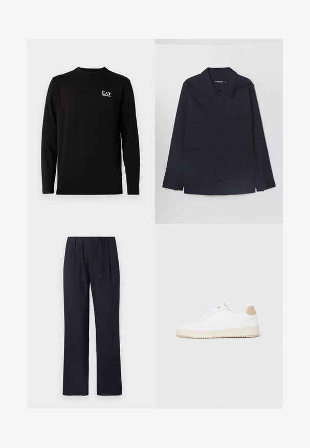 Granatowa bawełniana kurtka z rozkładanym kołnierzem, z przodu zapinana na guziki oraz dwoma kieszeniami naszytymi z przodu. Posiada długie rękawy z mankietami zapinanymi na guziki.; Czarna koszula z długim rękawem, wykonana z miękkiego materiału. Posiada małe białe logo na lewej piersi. Prosty, okrągły dekolt i prosty krój.; Granatowe spodnie o prostym kroju, wykonane z teksturowanej tkaniny. Posiadają zapięcie na guzik z przodu oraz regulowany ściągacz w talii.; Białe niskie sneakersy z teksturowanej skórzanej cholewce, kremową żłobioną podeszwą i brązowym akcentem na pięcie. Posiadają białe sznurowadła i detal z logo na pięcie.