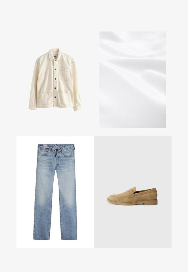 Světle béžová bunda vyrobená z plátna. Má knoflíkovou přední část, límec, dvě přední kapsy a kontrastní švy. Klasický volný střih.; Bílá látka s hladkou texturou, zobrazující záhyby a jemný lesk, což naznačuje lehký a měkký materiál.; Světle modré džíny s rovnými nohavicemi, vybavené knoflíkovým zapínáním, pěti kapsami a vybledlým vzhledem na stehnech.; Béžové semišové mokasíny s kulatou špičkou, nízkým blokovým podpatkem a prošíváním na svršku. Hladký povrch a minimalistický design.
