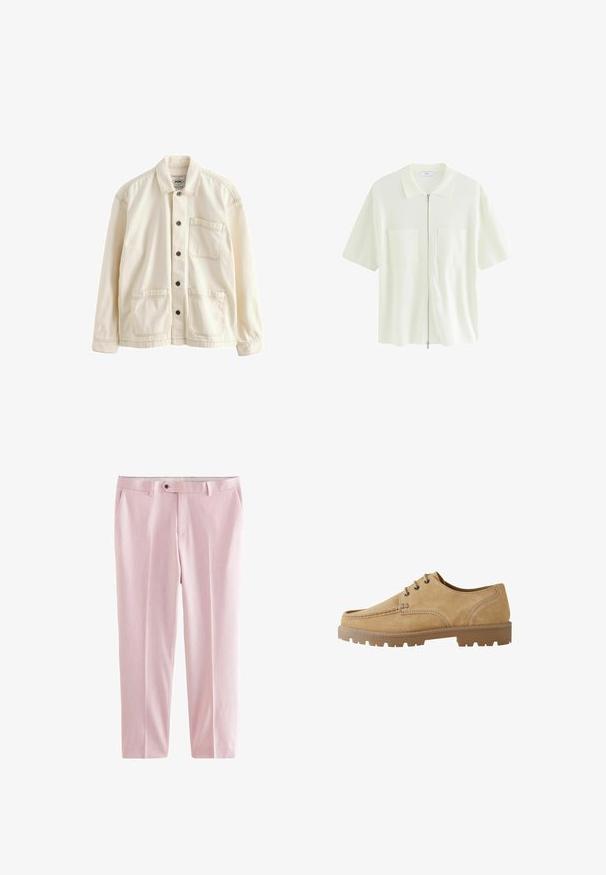Chaqueta de color beige claro hecha de lona. Cuenta con un cierre de botones en la parte frontal, un cuello, dos bolsillos frontales y costuras en contraste. Ajuste clásico y relajado.; Camisa blanca de manga corta y cremallera, hecha de tela texturizada, con un cuello tipo polo y dos bolsillos frontales con solapas cuadradas.; Next MOTIONFLEX - Pantalón de traje - pink; Zapato de ante marrón claro con cordones, punta redondeada, costuras en contraste y suela de goma gruesa con un patrón de tacos para mayor tracción.