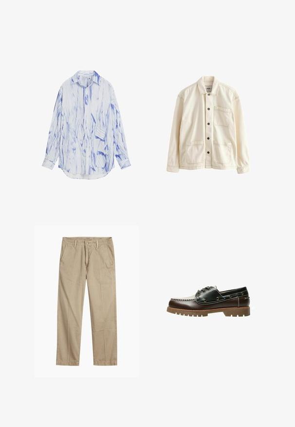 Lichtbeige jacket van canvas. Voorzien van een knoopsluiting aan de voorkant, een kraag, twee zakken aan de voorkant en contrasterende stiksels. Klassieke, ontspannen pasvorm.; Langarmshirt van lichtgewicht stof met een blauw-wit abstract gestreept patroon, knoopsluiting aan de voorkant en een relaxed fit.; Beige rechte pijpen chinos met riemlussen, voorkant met knoop en rits sluiting, en schuine voorzakken.; Bruine en zwarte leren boot schoen met veters, contrasterende stiksels en een gestructureerde rubberen zool. Voorzien van metalen ogen en een afgeronde neus.