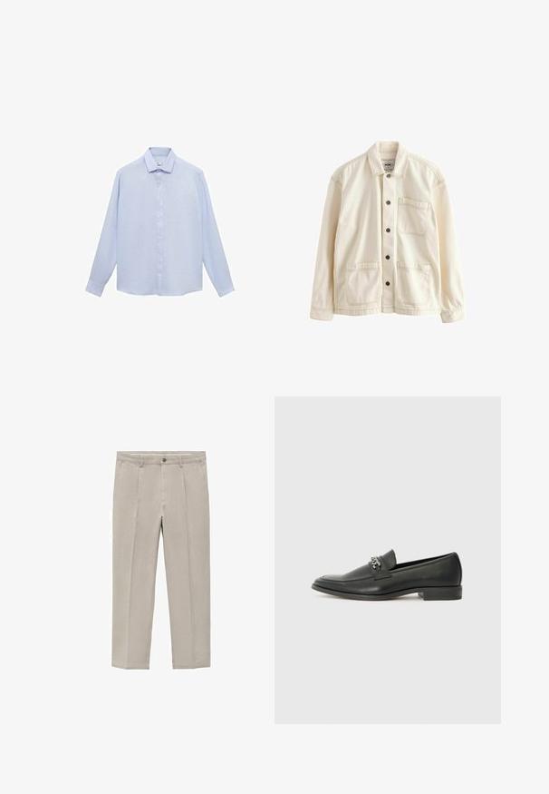 Svetlo béžová bunda vyrobená z plátna. Má zapínanie na gombíky, golier, dve predné vrecká a kontrastné švy. Klasický uvoľnený strih.; Svetlomodrá dlhá košeľa s dlhým rukávom z hladkej tkaniny, s klasickým golierom, plným predným zapínaním a zaobleným lemom s manžetami na gombíky.; Svetlo béžové nohavice vyrobené z bavlnenej zmesi, s rovnými nohavicami, prednými záhybmi, zapínaním na gombík a bočnými vreckami.; Čierne kožené loafers s hladkým povrchom, s prešitým dizajnom a dekoratívnym kovovým reťazovým akcentom cez priehlavok. Plochý podpätok.