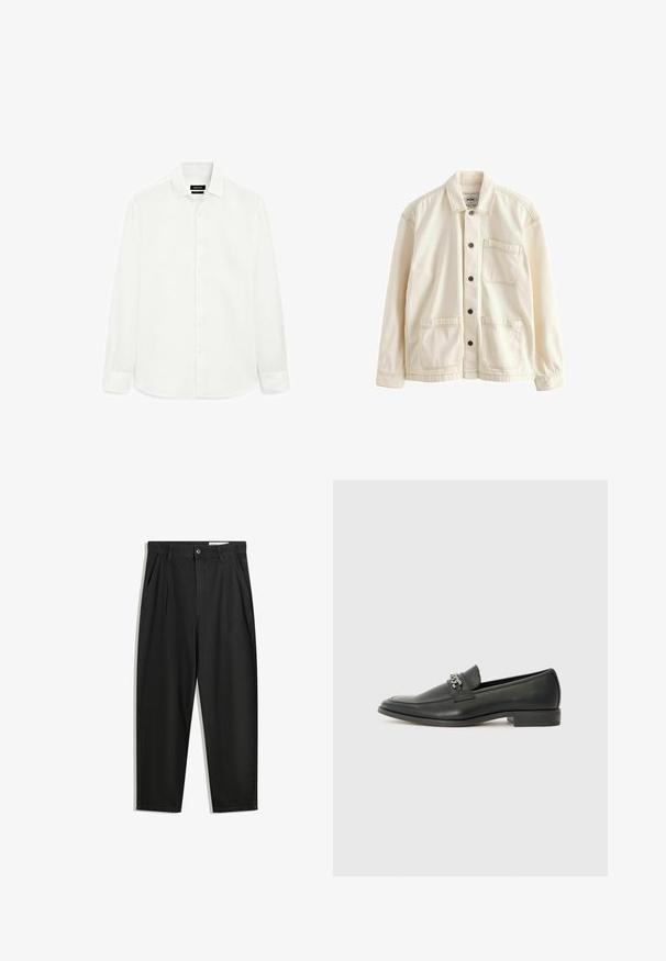 Světle béžová bunda vyrobená z plátna. Má knoflíkovou přední část, límec, dvě přední kapsy a kontrastní švy. Klasický volný střih.; Bílá košile s dlouhým rukávem vyrobená z měkké látky, s klasickým límcem, zapínáním na knoflíky vpředu a rovním lemem. Žádné vzory ani ozdoby.; Černé bavlněné kalhoty s uvolněným střihem, klasickým pasem, předními záhyby a bočními kapsami. Hladká textura bez vzorů.; Černé kožené mokasíny s hladkým povrchem, s prošívaným designem a dekoračním kovovým řetízkem přes nárt. Plochý podpatek.