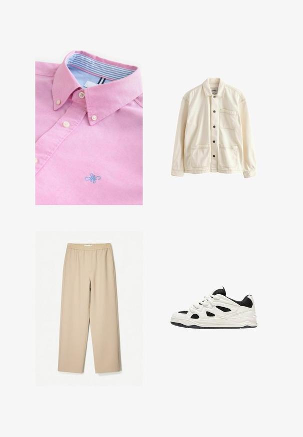 Világos bézs vászondzseki. Gombos elülső rész, gallérral, két elülső zsebbel és kontrasztos varrással rendelkezik. Klasszikus, laza fit.; Rózsaszín gombos ing puha pamut anyagból, kék hímzett részlettel és mintás kék-fehér csíkos gallérbéléssel.; Beige színű, bő szárú nadrág, gumis derékkal, puha anyagból készült, sima tapintással és minimális varrási részletekkel.; Fehér és fekete sportcipők, texturált talppal, oldalt kivágott mintákkal és fűzős megoldással, valamint párnázott hátsó résszel a támasz érdekében.