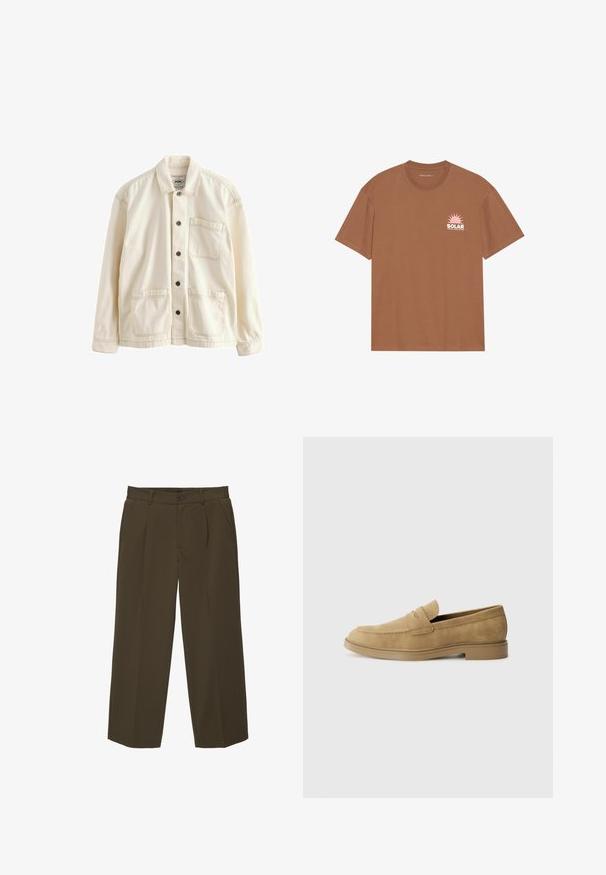 Lys beige jakke lavet af canvas. Har knaplukning fortil, krave, to forlommer og kontraststikninger. Klassisk afslappet pasform.; Brun kortærmet t-shirt lavet af bomuld, med et pink solgrafik og teksten "SOLAR" på venstre bryst. Crew neck design.; Brune, løst siddende bukser lavet af blødt stof med flad front, sidelommer og knaplukning i taljen. Ensfarvet design uden mønstre.; Tan ruskindsloafers med rund tå, lav blokhæl og syet detaljering på overdelen. Glat overflade og minimalistisk design.