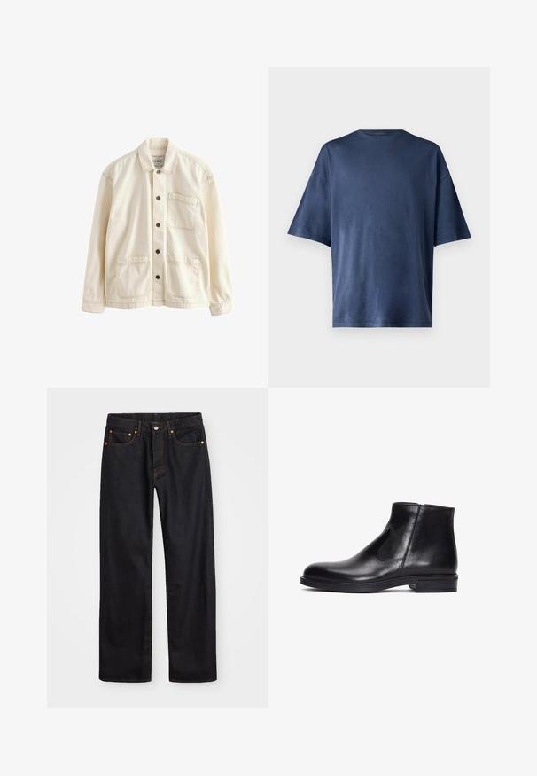 Chaqueta de color beige claro hecha de lona. Cuenta con un cierre de botones en la parte frontal, un cuello, dos bolsillos frontales y costuras en contraste. Ajuste clásico y relajado.; Camiseta de manga corta azul marino, hecha de una tela suave, con un cuello redondo clásico y un corte relajado, sin patrones ni acentos visibles.; Jeans de mezclilla negros de pierna recta para hombre, con cinco bolsillos y costuras en color naranja, cierre de botón y cremallera en la parte delantera de la cintura.; Derimod Botines - black