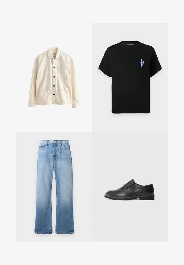 Gai bēšs jaka, kas izgatavota no kanvas. Raksturīgs pogu aizdare priekšā, apkakle, divas priekšējās kabatas un kontrastējošas šuves. Klasiska brīva piegriezuma.; Melnas kokvilnas T-krekls ar īsām piedurknēm, ar mazu purpursarkanu grafiku kreisajā krūtīs. Vienkārša, kastes formas dizains.; Gai zili džinsi ar taisnu kāju dizainu, nolietotu apdari, piecu kabatu stilu un kontrastējošām šuvēm. Nolietoti hem detalizējumi.; Melnas ādas slip-on kurpes ar gludu augšdaļu, izšūtām akcentiem, noapaļotu purngala daļu un zemu gumijas papēdi. Zole ar minimālu rakstu.