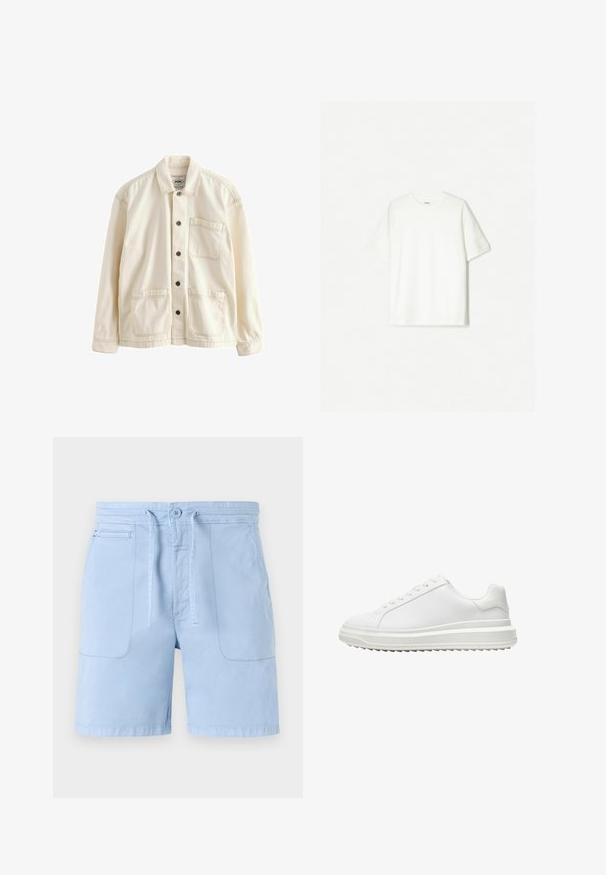 Svijetlo bež jakna od platna. Ima gumbe sprijeda, kragnu, dva prednja džepa i kontrastne šavove. Klasičan opušteni kroj.; Bijela majica kratkih rukava napravljena od mekog pamuka. Dizajn s okruglim izrezom i opuštenim krojem bez vidljivih logotipa ili uzoraka.; Svjetloplave kratke hlače od pamuka, s elastičnom trakom u struku, dva prednja džepa i glatkom teksturom. Osnovni dizajn s minimalnim naglascima.; Bijela tenisica s glatkim sintetičkim gornjim dijelom, okruglim vrhom, ravnim vezicama, teksturiranim potplatom i složenim, platformastim dizajnom za dodatnu visinu.