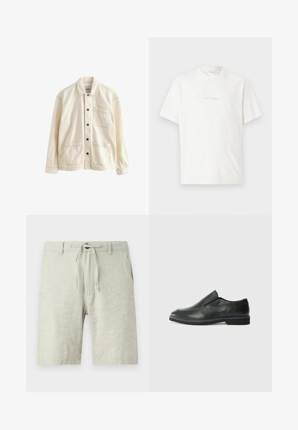 Gai bēšs jaka, kas izgatavota no kanvas. Raksturīgs pogu aizdare priekšā, apkakle, divas priekšējās kabatas un kontrastējošas šuves. Klasiska brīva piegriezuma.; Balts kokvilnas T-krekls ar apaļu kakla izgriezumu, īsām piedurknēm un mazu drukātu logotipu priekšā. Gluda tekstūra un brīvs griezums.; Gai pelēki lina šorti ar elastīgu šnēriņu jostu, sānu kabatām un brīvu piegriezumu. Strukturēts audums ar nelielu spīdumu.; Melnas ādas slip-on kurpes ar gludu augšdaļu, izšūtām akcentiem, noapaļotu purngala daļu un zemu gumijas papēdi. Zole ar minimālu rakstu.