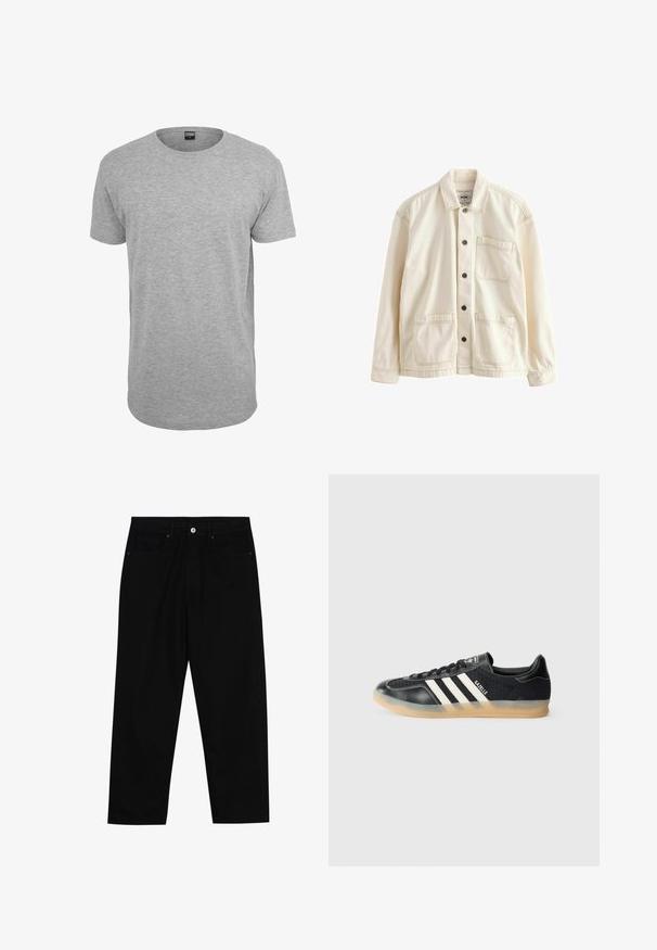 Jachetă de color bej deschis, confecționată din pânză. Dispune de un sistem de închidere cu nasturi, guler, două buzunare frontale și cusături contrastante. Croi clasic, lejer.; Tricou gri din bumbac cu guler rotund, cu maneci scurte, tiv drept si o textura moale; branding minim vizibil la guler.; Pantaloni negri din denim cu croială dreaptă, design cu cinci buzunare și închidere frontală cu nasture. Textură netedă cu detalii de cusătură minime.; Adidași sport negri cu dungi albe, din material texturat, vârf din piele netedă și talpă din cauciuc. Prezintă logo pe limbă.