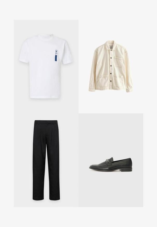 Svetlo bež jakna iz platna. Ima zaponko spredaj, ovratnik, dva sprednja žepa in kontrastne šive. Klasičen sproščen kroj.; Bela bombažna majica s kratkimi rokavi, ki na levem prsnem delu vsebuje grafiko v temno modri barvi z napisom "EST 2007." Enostaven dizajn.; Črne hlače iz gladkega materiala, s krojem ravne noge, dvema sprednjima pregiboma in standardnim pasom z zankami za pas.; Črni usnjeni loafer z gladko površino, ki ima šivano zasnovo in dekorativni kovinski verižni naglas preko vampirja. Ravno peto.