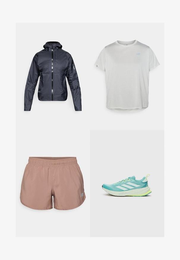 Melns viegls kapucis ar priekšējo rāvējslēdzēju, krūšu kabatu un Salomon logo uz kreisā piedurknes, attēlots uz baltā fona.; Gaiši pelēks, īsām piedurknēm sporta T-krekls ar tekstūru sietu audumu un nemanāmu zilu logo priekšā. Noapaļots apakšmalā.; Gaiši brūni sporta šorti ar elastīgu jostasvietu un mazu atstarojošu logotipu sānos. Izgatavoti no gludas, vieglas auduma.; Gaiši zila skriešanas apava ar baltām svītrām, teksturēta augšdaļa, mīkstināta apkakle un dzeltenzaļi akcenti uz zoles un auklām.