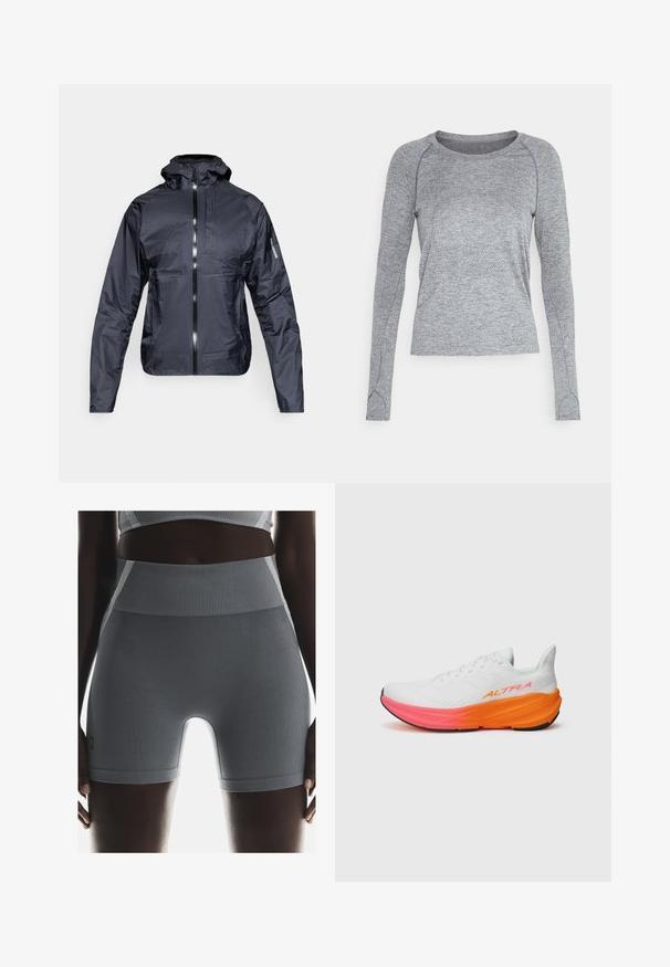 Juodas lengvas gobtuvėlis su priekiu užtrauktuku, krūtinės kišene ir Salomon logotipu kairiajame rankove, parodytas ant balto fono.; Pilkas ilgomis rankovėmis marškinėliai, pagaminti iš struktūrinio audinio, su apvaliu kaklu ir raglaninėmis rankovėmis. Savybė - subtilus raštas išilgai liemens.; Pilki šonkačiai sportiniai šortai turi aukštą juosmenį, lygų paviršių ir prigludusią formą, papildytą mažu prekės ženklo etikete šone.; Balti sportiniai bateliai su tekstūruota viršutine dalimi, turintys spalvingą gradientinę padą oranžinės ir rožinės spalvos, bei ryškų logotipą šone.