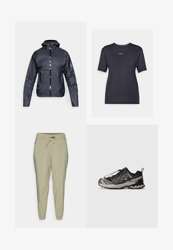 Melns viegls kapucis ar priekšējo rāvējslēdzēju, krūšu kabatu un Salomon logo uz kreisā piedurknes, attēlots uz baltā fona.; Melna īsām piedurknēm sporta T-kreklā, izgatavots no viegla auduma, ar apaļu kakla izgriezumu un nelielu zīmola logotipu priekšpusē.; Gai olīvzaļi iecirtumi, kas veidoti ar aukliņu jostu, ar rāvējslēdzējiem sānu kabatām un elastīgām aprocēm.; Melnas un pelēkas sporta apavus ar sietveida augšdaļu, gumijas zoli un elastīgu šņorēšanas sistēmu. Iespējama pastiprināta purngala un teksturēti akcenti.