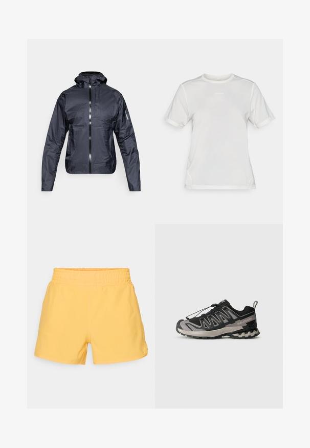 Zwart lichtgewicht hoodie met voorrits, borstzak en Salomon-logo op de linkermouw, weergegeven op een witte achtergrond.; Witte sportieve T-shirt met korte mouwen van mesh, met ronde hals en klein "Salomon" logo gecentreerd op de borst.; Geel elastische shorts met een gladde textuur, met een relaxte pasvorm en een minimalistisch ontwerp. Geen zakken of versieringen zichtbaar.; Zwart en grijs sportieve schoen met een bovenwerk van mesh, rubberen zool en een elastisch vetersysteem. Heeft een verstevigde neus en textuuraccenten.