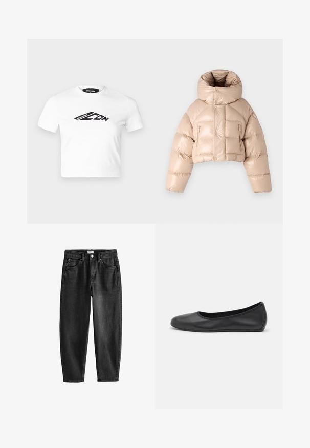 DSQUARED2 ICON PUFFER KABAN - Dunjakker - beige; Hvid cropped t-shirt lavet af bomuld med et sort grafisk logo på forsiden. Rund halsudskæring og korte ærmer. Glat tekstur.; Sorte denim jeans med straight fit, fem lommer og knaplukning. Har let falmning og syningsdetaljer. Casual design.; Sort læderballetsko med rund tå, glat tekstur, minimal syning og et fleksibelt såldesign.