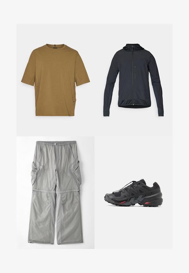 Svart lättviktsjacka med långa ärmar, dragkedja fram, justerbar huva och texturerade detaljer nederst och i ärmsluten.; Kortärmad, brun t-shirt i mjukt tyg med rund halsringning och sidofickor för extra komfort. Enkel, odramatisk design.; Ljust grå, andningsbar tygbyxa med elastisk midja, sidofickor och kontrasterande grå kant längs sömmarna. Löst sittande design.; Svart löparskor med syntetiskt övre, texturerad design och kontrasterande röda accenter. Har ett säkert snörningssystem och en robust sula.