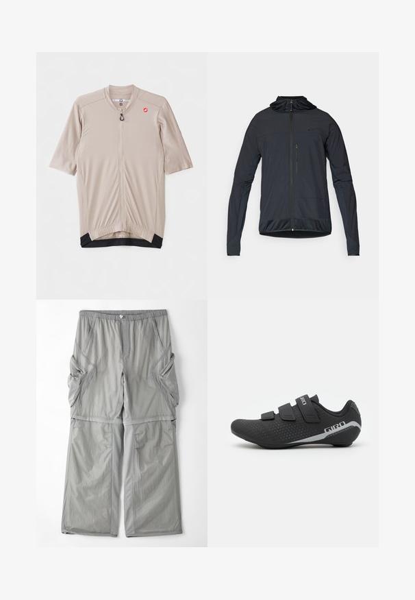 Veste légère noire avec manches longues, fermeture éclair à l'avant, capuche ajustable et accents texturés en bas et aux extrémités des manches.; Maillot de cyclisme beige à manches courtes, en tissu texturé, avec une fermeture éclair à l'avant et un accent noir au niveau de l'ourlet. Présente un logo sur la poitrine.; Pantalons en tissu léger et respirant de couleur gris clair avec une taille élastique, des poches latérales et un passepoil gris contrastant le long des coutures. Design à coupe ample.; Giro STYLUS - Chaussures de cyclisme - black