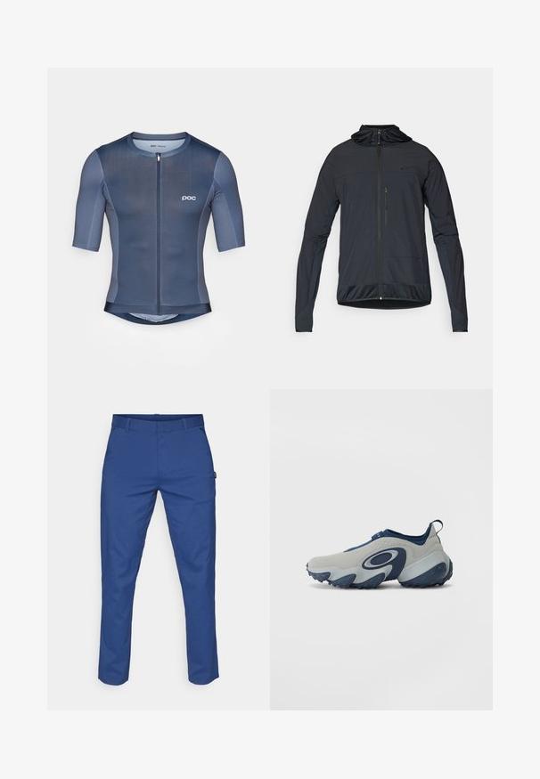 Chaqueta ligera negra con mangas largas, cremallera frontal, capucha ajustable y detalles texturizados en la parte inferior y los extremos de las mangas.; Jersey de ciclismo de manga corta en azul oscuro, hecho de tejido texturizado con una cremallera frontal y un logo de POC en el pecho.; Pantalones azules hechos de una tela suave, con corte recto, dos bolsillos laterales y pasadores para cinturón. Sin patrones visibles ni detalles de hardware.; Zapatilla con parte superior gris y acentos marino, presenta un diseño curvado, textura suave y una suela gruesa con goma azul con tracción.