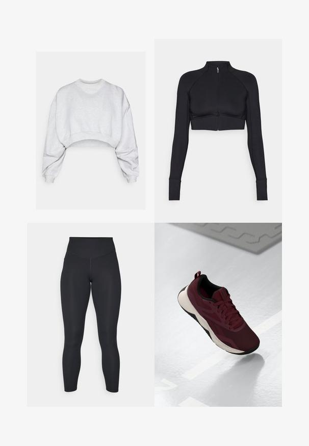 Black cropped jacket made of stretchy material, featuring a high collar, long sleeves, full front zipper, and flat seams.; Gray cropped sweatshirt made of soft fabric, featuring a round neckline, dropped shoulders, and ribbed cuffs. No visible patterns or logos.; Black leggings with a high waist, smooth texture, and fitted design. Features flat seams and full-length coverage with no patterns.; Maroon athletic shoe with mesh upper, black accents, and a cushioned white sole. Features lace-up closure and pull tab at the heel.