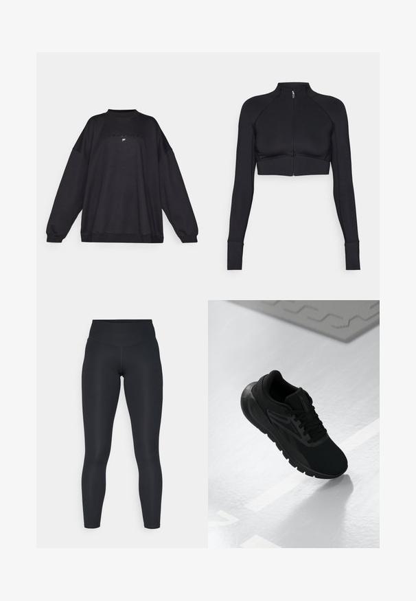 Giacca nera cropped realizzata in materiale elastico, con colletto alto, maniche lunghe, zip frontale completa e cuciture piatte.; Felpa nera oversize in morbido tessuto, con un collo alto e polsini a costine. Sul davanti è presente il logo "Fabletics" in rilievo.; Leggings neri realizzati in tessuto elasticizzato, con vita alta, texture liscia e una vestibilità aderente. Nessun motivo visibile o accessori.; Scarpa sportiva nera con tomaia in rete, punta rotonda, suola imbottita e dettagli texturizzati, posizionata su una superficie bianca liscia.