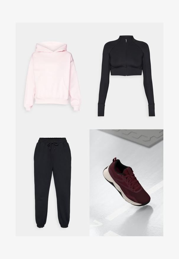 Giacca nera cropped realizzata in materiale elastico, con colletto alto, maniche lunghe, zip frontale completa e cuciture piatte.; Felpa rosa chiaro realizzata in tessuto morbido, con tasca frontale, cappuccio regolabile con lacci e polsini e orlo a costine.; Pantaloni della tuta neri realizzati in tessuto morbido, con vita elastica e cordino, tasche laterali e polsini elastici alle caviglie.; Scarpa atletica color borgogna con tomaia in rete, dettagli neri e suola bianca ammortizzata. Presenta chiusura con lacci e una linguetta sul tallone.