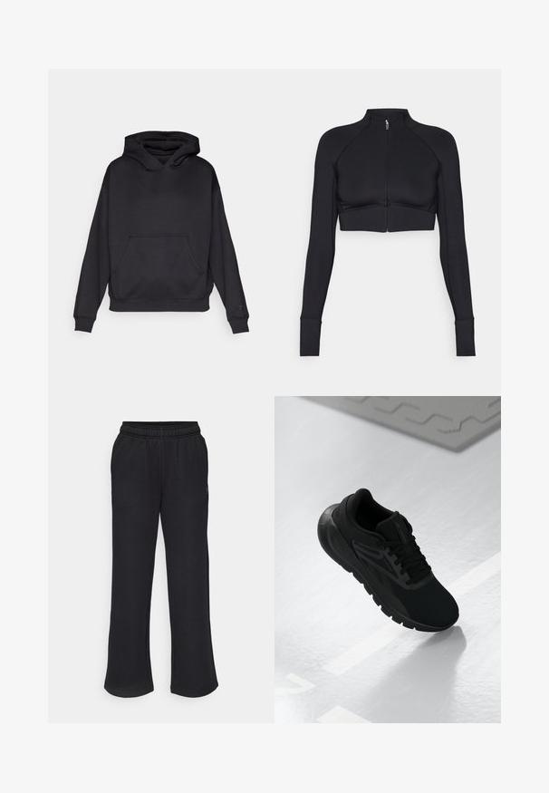 Giacca nera cropped realizzata in materiale elastico, con colletto alto, maniche lunghe, zip frontale completa e cuciture piatte.; Felpa con cappuccio nera realizzata in morbido tessuto, dotata di tasca a marsupio e polsini e orlo a coste. Design semplice e rilassato senza grafiche.; Pantaloni sportivi neri con forma a campana, cintura elastica e tasche laterali. Realizzati in tessuto morbido senza motivi o dettagli visibili.; Scarpa sportiva nera con tomaia in rete, punta rotonda, suola imbottita e dettagli texturizzati, posizionata su una superficie bianca liscia.