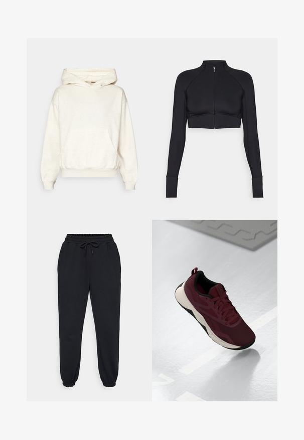 Jachetă neagră scurtă din material elastic, cu guler înalt, mâneci lungi, fermoar complet pe față și cusături plate.; Hanorac crem cu glugă dintr-un material moale și texturat. Dispune de o buzunar tip kangaroo, manșete și tiv cu nervuri. Croială lejeră cu o siluetă supradimensionată.; Pantaloni de trening negri, confectionați dintr-un material moale, având un brâu elastic cu șnur, buzunare laterale și manșete elastice la gleznă.; Shoe sportiv maron cu parte superioară din plasă, accente negre și o talpă albă cu amortizare. Prezintă închidere cu șireturi și un manșon la călcâi.