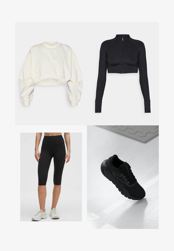 Giacca nera cropped realizzata in materiale elastico, con colletto alto, maniche lunghe, zip frontale completa e cuciture piatte.; Felpa cropped in tessuto off-white, con colletto a girocollo a costine, spalle scese e orlo a bande. Texture liscia e design minimal.; Pantaloni da ciclismo neri a vita alta realizzati in tessuto elastico e liscio, che si fermano appena sotto il ginocchio, abbinati a scarpe da ginnastica di colore chiaro.; Scarpa sportiva nera con tomaia in rete, punta rotonda, suola imbottita e dettagli texturizzati, posizionata su una superficie bianca liscia.