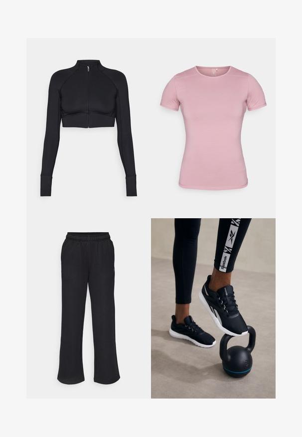 Črna skrajšana jakna iz raztegljivega materiala, z visokim ovratnikom, dolgimi rokavi, polnim zadrgo na sprednji strani in ravnimi šivi.; Majica s kratkimi rokavi v mehki roza barvi, teksturirane tkanine s prilegajočo obliko. Ima okroglo vratno izreza in standardni rob brez okrasitev.; Črne trenirke s flared obliko, elastičnim pasom in stranskimi žepi. Narejene iz mehkega materiala brez vidnih vzorcev ali dodatkov.; Črne športne čevlje z teksturiranim zgornjim delom, belo podplatom in sivimi detajli, postavljene na črni kettlebell z modrim trak osrednje postavitev na nevtralni podlagi.