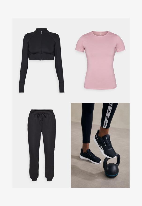 Jaqueta curta preta feita de material elástico, apresentando um colarinho alto, mangas longas, fecho frontal completo e costuras planas.; T-shirt de manga curta em rosa suave, com tecido texturizado e forma ajustada. Apresenta um decote redondo e barra padrão sem adornos.; Calças de treino pretas feitas de material suave, com uma cintura elástica com cordão, bolsos laterais e punhos elásticos nos tornozelos.; Tênis de desporto pretos com um superior texturizado, sola branca e detalhes cinzentos, colocados sobre um kettlebell preto com uma faixa azul, contra um fundo neutro.