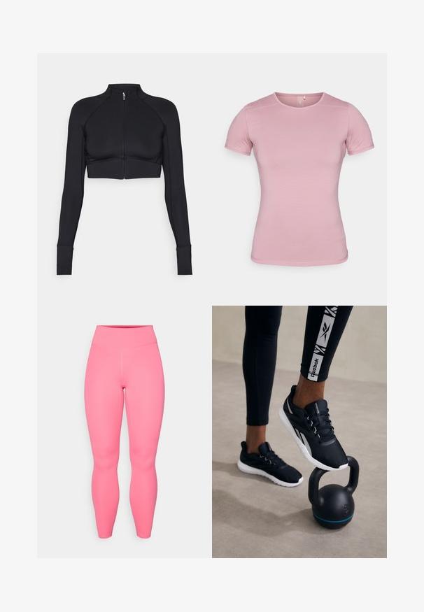 Sort cropped jakke lavet af strækbart materiale, med høj krave, lange ærmer, hel lynlås foran og flade sømme.; T-shirt med korte ærmer i blød lyserød farve, tekstureret stof med tætsiddende pasform. Har rund hals og standard kant uden dekorative elementer.; Lyserøde aktive leggings med høj talje, lavet af strækbart materiale. Har en glat tekstur og ingen synlige mønstre eller accenter.; Svarte atletiske sko med en tekstureret overdel, hvid sål og grå accenter, placeret på en sort kettlebell med en blå stribe, mod en neutral baggrund.