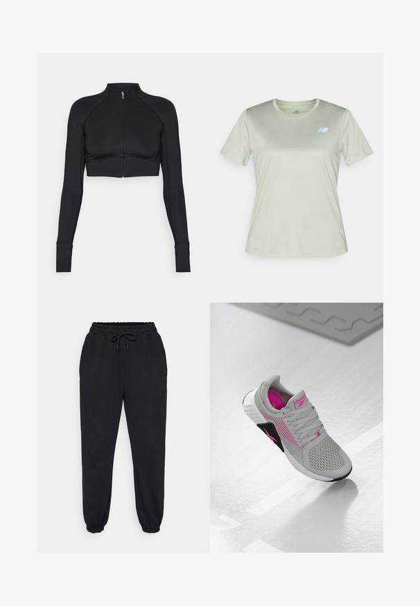 Crna skraćena jakna od rastezljivog materijala, s visokim ovratnikom, dugim rukavima, punim prednjim patentnim zatvaračem i ravnim šavovima.; New Balance ESSENTIALS - Sportska majica - garter snake; Crne trenirke od mekanog materijala, s elastičnim pojasom sa vezicom, bočnim džepovima i elastičnim manžetama na zapešćima.; Sive i ružičaste Reebok atletske tenisice s gornjim dijelom od mrežaste tkanine i detaljnim potplatom, prikazane na reflektirajućoj bijeloj površini.