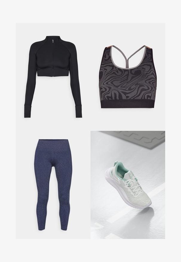 Veste noire courte en matériau extensible, avec un col haut, des manches longues, une fermeture éclair frontale intégrale et des coutures plates.; Soutien-gorge de sport noir avec un motif gris en spirale, présentant un décolleté plongeant et un design dos nageur. Fabriqué en tissu tricoté texturé.; Leggings bleu marine avec une finition texturée et scintillante. Dotés d'une taille haute et de coutures de contour pour une silhouette ajustée.; Baskets de sport gris clair avec un dessus en maille texturée, accents vert menthe, lacets blancs, semelle en caoutchouc et une languette au talon.