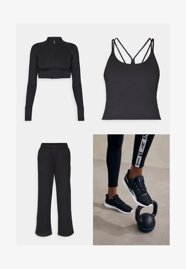 Mustat lyhyet takit, jotka on valmistettu joustavasta materiaalista, korkea kaulus, pitkät hihat, vetoketju edessä ja tasotikkaukset.; Musta tank top ohutse olatustega, millel on risttõmme seljal. Valmistatud pehmest ja venivast materjalist, millel on keha lähedane siluett.; Mustat verkkarit, joissa on levenevä muoto, joustava vyötärö ja sivutaskut. Valmistettu pehmeästä kankaasta, jossa ei ole näkyviä kuvioita tai yksityiskohtia.; Musta urheilukenkä, jossa on tekstuuri päällinen, valkoinen pohja ja harmaat yksityiskohdat, asetettuna mustan kettlebellin päälle, jossa on sininen raita, neutraalilla taustalla.