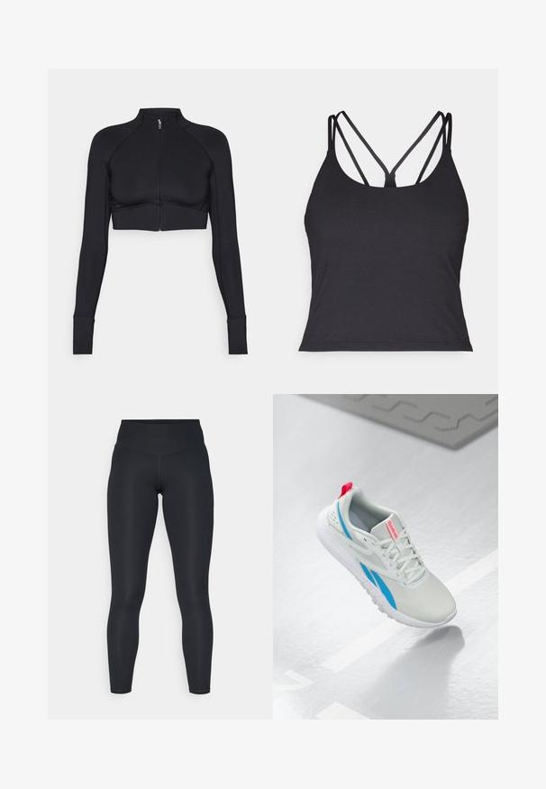 Juoda trumpa striukė, pagaminta iš tamprių medžiagų, su aukštu apykaklės, ilgomis rankovėmis, užtrauktuku priekyje ir lygiomis siūlėmis.; Juodas maudymosi marškinėlis su plonais dirželiais ir kryžminiu dizainu nugaroje. Pagamintas iš minkštos, tamprios medžiagos, puikiai priglundančios.; Juodi leggingai, pagaminti iš elastingos medžiagos, su aukštu juosmeniu, lygiu paviršiumi ir apglėbiančiu siluetu. Nėra matomų raštų ar aparatūros.; Balti ir mėlyni Reebok sportbačiai su raudonu kilimėliu, pakabinti virš blizgaus grindų paviršiaus greta pilkos gumos kilimėlio.