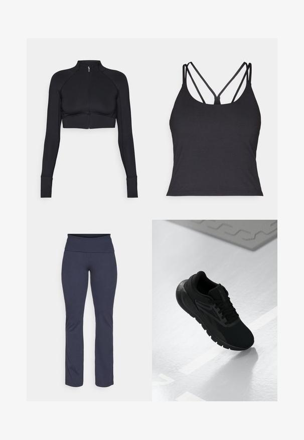 Crna skraćena jakna od rastezljivog materijala, s visokim ovratnikom, dugim rukavima, punim prednjim patentnim zatvaračem i ravnim šavovima.; Crni top bez rukava s tankim trakama i dizajnom u obliku križa na leđima. Izrađen od mekanog, rastezljivog materijala s prilagođenim krojem.; Tamno plave atletske hlače s širokim pojasom, ravnim krojem, glatkom teksturom i bez vidljivih uzoraka ili metalnih detalja.; Crni sportski tenisice sa mrežastim gornjim dijelom, okruglim vrhom, podstavljenim potplatom i teksturiranim detaljima, postavljene na glatku bijelu površinu.