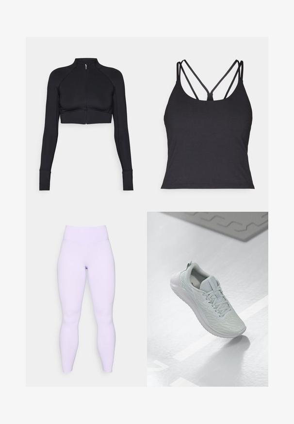Schwarze, verkürzte Jacke aus elastischem Material, mit hohem Kragen, langen Ärmeln, vollem Reißverschluss und flachen Nähten.; Schwarzes Tanktop mit dünnen Trägern und einem überkreuzten Design auf der Rückseite. Hergestellt aus weichem, dehnbarem Material mit einer figurbetonten Silhouette.; Lilafarbene Leggings mit hohem Bund, aus einem dehnbaren, glatten Stoff gefertigt. Figurbetontes Design ohne sichtbare Muster oder Akzente.; Hellgrau Trainingsschuh mit strukturiertem Mesh-Obermaterial, Schnürdesign, gepolsterter Sohle und minimalem Branding.