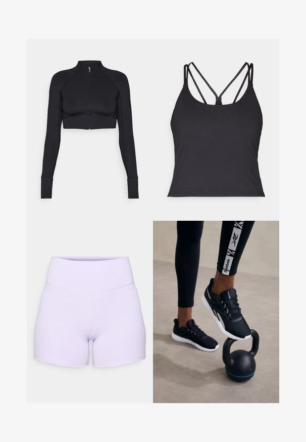 Zwarte cropped jack van rekbaar materiaal, met een hoge kraag, lange mouwen, volledige ritssluiting aan de voorkant en platte naden.; Zwarte tanktop met dunne bandjes en een kruisontwerp op de rug. Gemaakt van zachte, rekbare stof met een aansluitende pasvorm.; Lilac hooggewaisted shorts van rekbaar materiaal. Bevat vlakke naden en een getailleerd ontwerp met een gladde textuur.; Zwarte sportieve schoenen met een gestructureerde bovenkant, witte zool en grijze accenten, geplaatst op een zwarte kettlebell met een blauwe streep, tegen een neutrale achtergrond.
