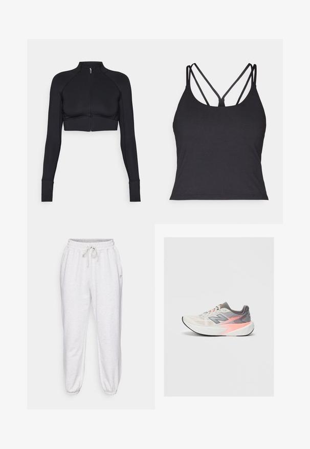 Černá zkrácená bunda vyrobená z elastického materiálu, s vysokým límcem, dlouhými rukávy, celoplošným zipem a plochými švy.; Černé tílko s tenkými ramínky a křížovým designem na zádech. Vyrobeno z měkkého, elastického materiálu s přiléhavým střihem.; Světle šedé joggers kalhoty vyrobené z měkké tkaniny, s elastickým pasem, stahovací šňůrkou a zúženými manžetami, s bočními kapsami.; Světlé šedé a růžové běžecké boty New Balance s tlustou bílou podrážkou a černou podrážkou, boční pohled na jednolitém pozadí.