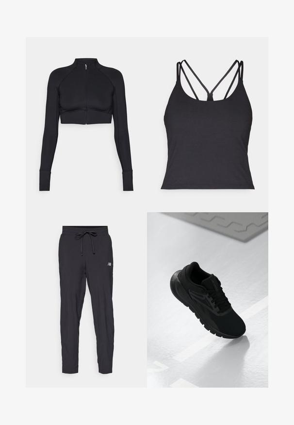 Black cropped jacket made of stretchy material, featuring a high collar, long sleeves, full front zipper, and flat seams.; Black tank top featuring thin straps with a crisscross design at the back. Made from soft, stretchy material with a fitted silhouette.; Black track pants made of lightweight material with an elastic waistband and adjustable drawstring. Features a small logo on the side.; Black athletic shoe featuring a mesh upper, round toe, cushioned sole, and textured accents, positioned on a smooth white surface.