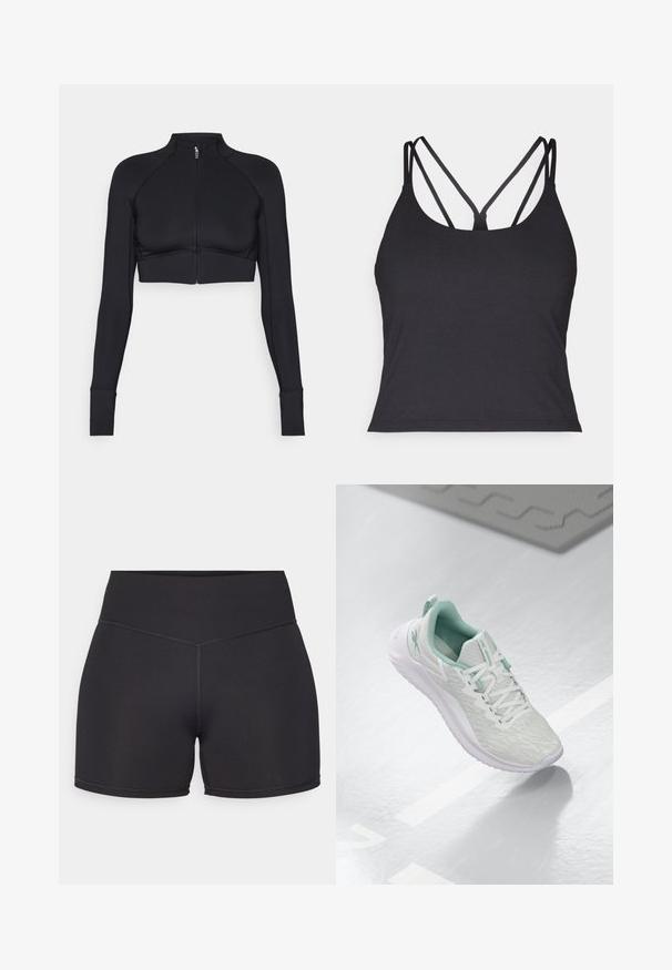 Jachetă neagră scurtă din material elastic, cu guler înalt, mâneci lungi, fermoar complet pe față și cusături plate.; Top negru fără mâneci, cu bretele subțiri și un design în cruce la spate. Fabricat dintr-un material moale și elastic, cu o siluetă ajustată.; Șorturi atletice negre cu talie înaltă, fabricate dintr-un material elastic. Prezintă cusături plate și o textură netedă pentru confort.; Pantof de sport gri deschis, cu un material tricotat texturat, accente verde menta, șireturi albe, talpă din cauciuc și o bucată pentru tragere la călcâi.
