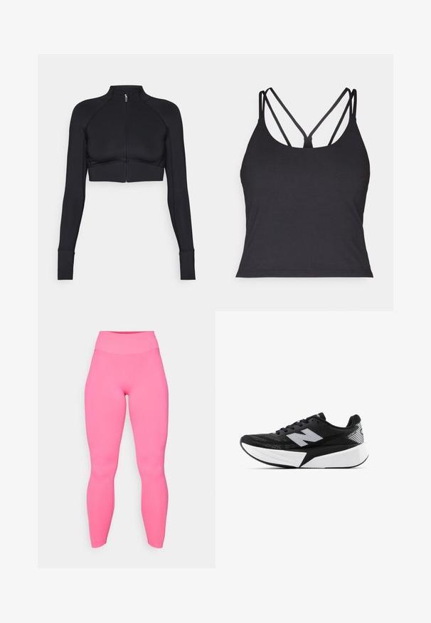 Crna skraćena jakna od rastezljivog materijala, s visokim ovratnikom, dugim rukavima, punim prednjim patentnim zatvaračem i ravnim šavovima.; Crni top bez rukava s tankim trakama i dizajnom u obliku križa na leđima. Izrađen od mekanog, rastezljivog materijala s prilagođenim krojem.; Roze tajice visokog struka izrađene od rastezljivog materijala. Glatka tekstura, prilagodljiv dizajn, do gležnjeva, bez vidljivih uzoraka ili metalnih dijelova.; Crno-bijela New Balance trkačka cipela s debelim potplatom, mrežastim gornjim dijelom i "N" logotipom sa strane, prikazana s vanjske strane.