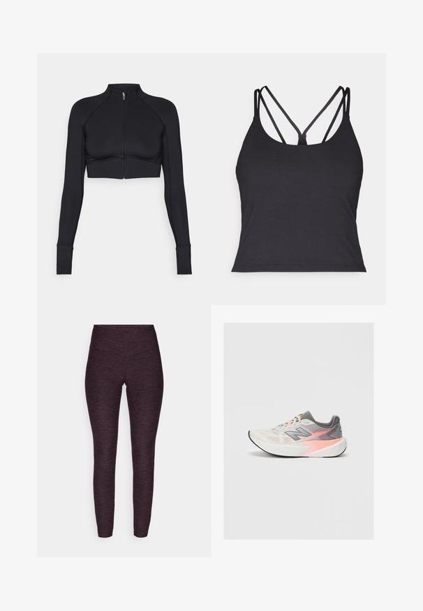 Fekete, rövidített dzseki rugalmas anyagból, magas gallérral, hosszú ujjakkal, teljes elöl zippel és lapos varrásokkal.; Fekete ujjatlan felső vékony pántokkal, hátul keresztbe fonott dizájnnal. Puha, rugalmas anyagból készült, formás szabású.; Sötétlila melírozott anyagból készült leggings, magas derékkal és testhez simuló kivitelben, sima, rugalmas textúrával.; Világosszürke és rózsaszín New Balance futócipő vastag fehér talppal és fekete talppal, oldalnézet tiszta háttéren.