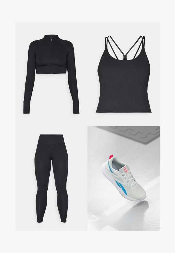 Giacca nera cropped realizzata in materiale elastico, con colletto alto, maniche lunghe, zip frontale completa e cuciture piatte.; Top nero senza maniche con sottili spalline e un design incrociato sul retro. Realizzato in materiale morbido ed elastico con una silhouette aderente.; Leggings neri a vita alta realizzati in materiale elastico con una texture liscia. Il design è aderente e senza cuciture, senza loghi o motivi visibili.; Sneaker Reebok bianco e blu con un pull tab rosso che galleggia sopra un pavimento lucido con un tappetino di gomma grigio nelle vicinanze.