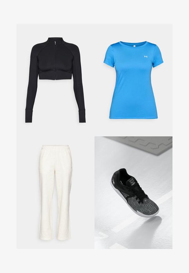 Chaqueta corta negra hecha de material elástico, con cuello alto, mangas largas, cremallera frontal completa y costuras planas.; Camiseta atlética azul de manga corta con cuello redondo y pequeño logotipo blanco de Under Armour en la parte superior del pecho.; Pantalones de chándal beige claro con cinturilla elástica, piernas acampanadas y un sutil logo en la parte delantera izquierda. Fabricados con una suave tela texturizada.; Zapato deportivo negro con una parte superior de malla texturizada y con patrón, cordones negros y suela blanca. Presenta el logotipo de Reebok en la lengüeta y en el lateral.
