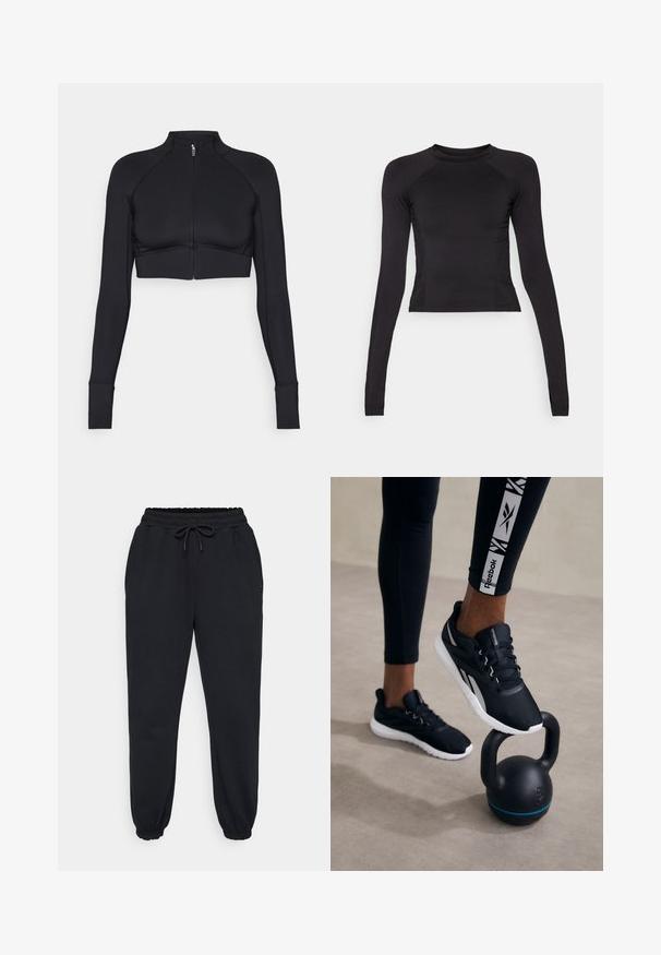Jachetă neagră scurtă din material elastic, cu guler înalt, mâneci lungi, fermoar complet pe față și cusături plate.; Crop top negru cu mânecă lungă, realizat dintr-un material elastic, având un gât rotund și mâneci raglan cu detalii subtile la cusături.; Pantaloni de trening negri, confectionați dintr-un material moale, având un brâu elastic cu șnur, buzunare laterale și manșete elastice la gleznă.; Pantofi sport negri cu un superior texturat, talpă albă și accente gri, amplasați pe o greutate neagră cu o dungă albastră, pe un fundal neutru.
