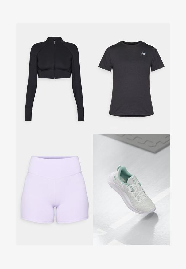 Mustat lyhyet takit, jotka on valmistettu joustavasta materiaalista, korkea kaulus, pitkät hihat, vetoketju edessä ja tasotikkaukset.; Musta lyhyt hiha t-paita, joka on valmistettu pehmeästä kankaasta. Paidassa on pieni harmaa New Balance -logo vasemmassa ylärinnassa ja klassinen pyöreä kaula-aukko.; Vaaleanliilat korkeavyötäröiset shortsit, jotka on tehty joustavasta kankaasta. Varustettu litteillä saumoilla ja istuvalla muotoilulla, jossa on sileä pinta.; Vaaleanharmaa urheilujalkine, jossa on teksturoitu neulepäällinen, mintunvihreät yksityiskohdat, valkoiset nauhat, kumipohja ja vetolenkki kannassa.