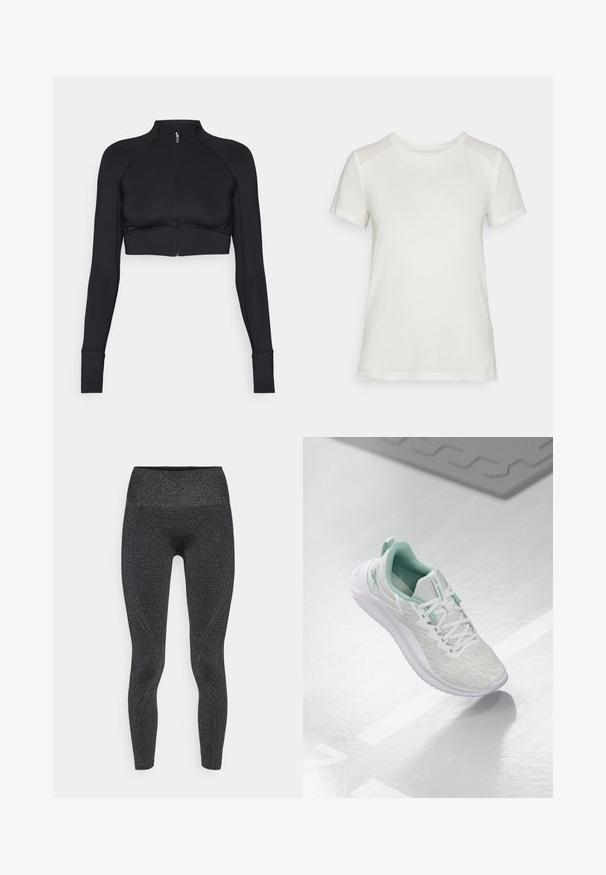Fekete, rövidített dzseki rugalmas anyagból, magas gallérral, hosszú ujjakkal, teljes elöl zippel és lapos varrásokkal.; Fehér, rövid ujjú póló puha anyagból, kerek nyakkivágással és laza szabással, sima, varrat nélküli vállrész kiemelésekkel.; Fekete leggings csillogó, texturált felülettel, magas derékkal és kontúros varrásokkal, amely illeszkedő dizájnt biztosít. Aktív viseletre alkalmas.; Világosszürke sportcipő, texturált kötött felső réteggel, menta zöld kiegészítőkkel, fehér fűzőkkel, gumitalppal és húzófüllel a saroknál.