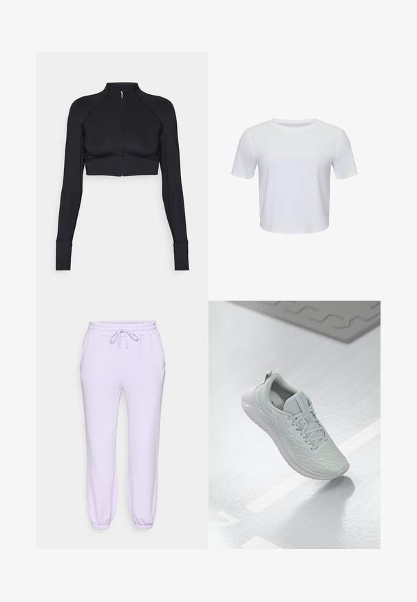 Black cropped jacket made of stretchy material, featuring a high collar, long sleeves, full front zipper, and flat seams.; White cropped t-shirt with short sleeves, round neckline, smooth texture, and subtle stitching detail at the hem. Lightweight material.; Lavender sweatpants featuring an elastic waistband with a drawstring, side pockets, and tapered cuffs at the ankles. Soft, smooth fabric.; Light gray athletic shoe with a textured mesh upper, lace-up design, cushioned sole, and minimal branding detail.
